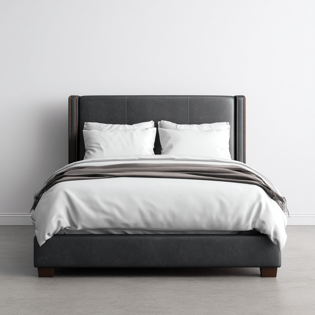 Lit double - cuir - bois - 210x165x120 cm - gris foncé - style moderne minimaliste-Interiorilo