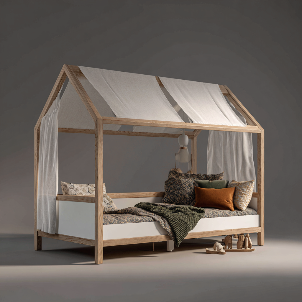 Lit enfant bois 160x80x165 cm - bois naturel-blanc - lit cabane avec structure en toile - style nordique pour chambre d enfant-Interiorilo