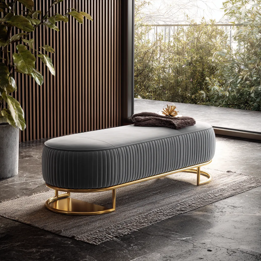 Banc de lit-métal-velours-135x46x48 cm-gris-style moderne-Interiorilo