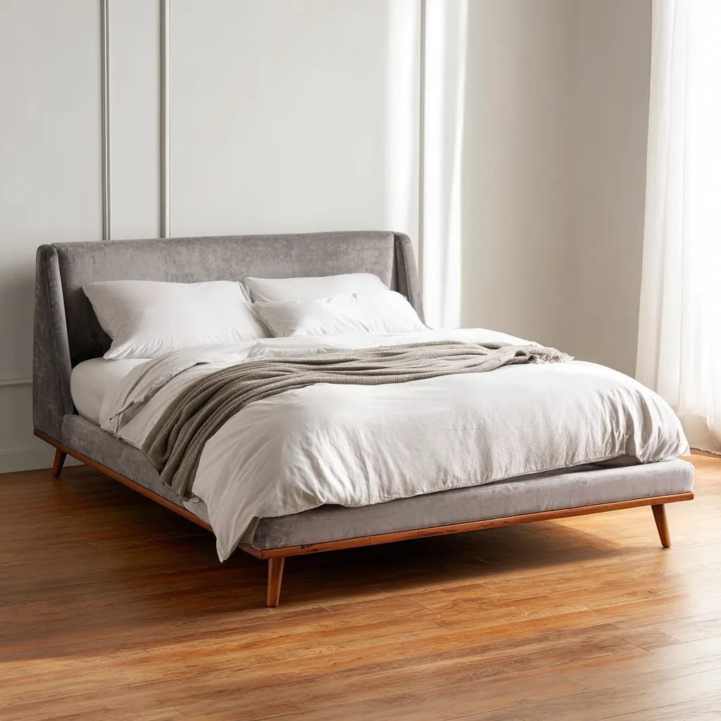 Lit double - velours - 200x160x108 cm - gris - design contemporain-Interiorilo