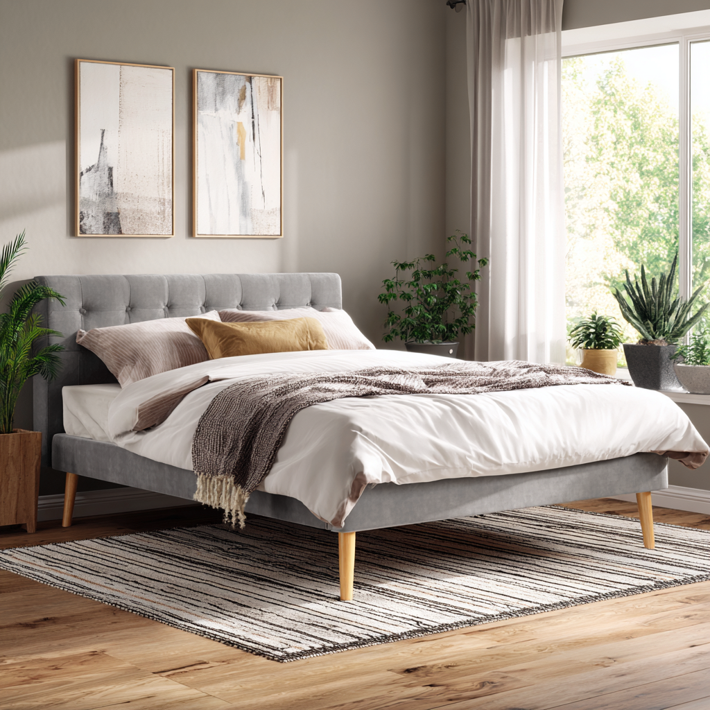 Lit double - velours - 200x160x100 cm - gris - design contemporain-Interiorilo