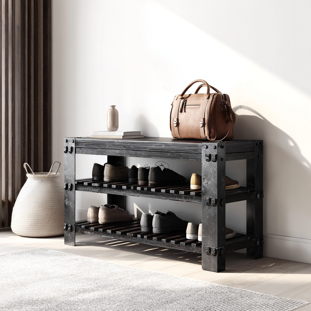 Meuble à chaussures - bois - 105x32x55 cm - noir - design industriel ouvert-Interiorilo