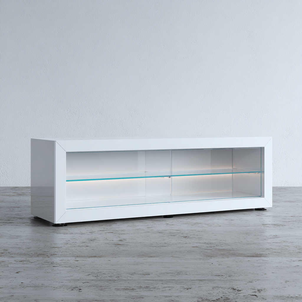 Meuble TV-Bois laqué-verre-160x40x50 cm-Blanc-Design moderne-Interiorilo