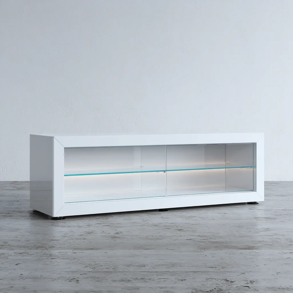 Meuble TV-Bois laqué-verre-160x40x50 cm-Blanc-Design moderne-Interiorilo