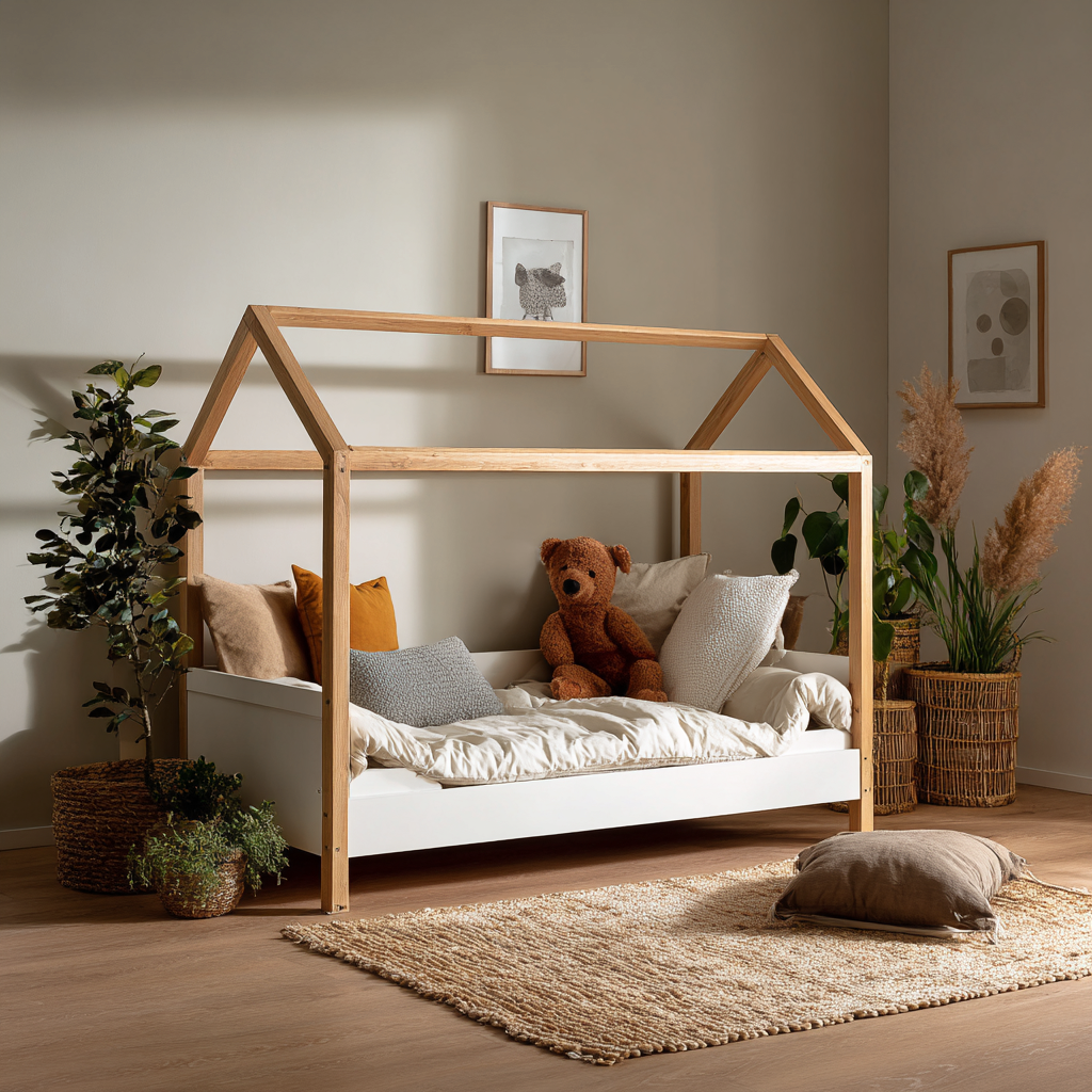 Lit enfant bois 160x80x165 cm - bois naturel-blanc - lit cabane ouvert - style nordique pour chambre d enfant-Interiorilo