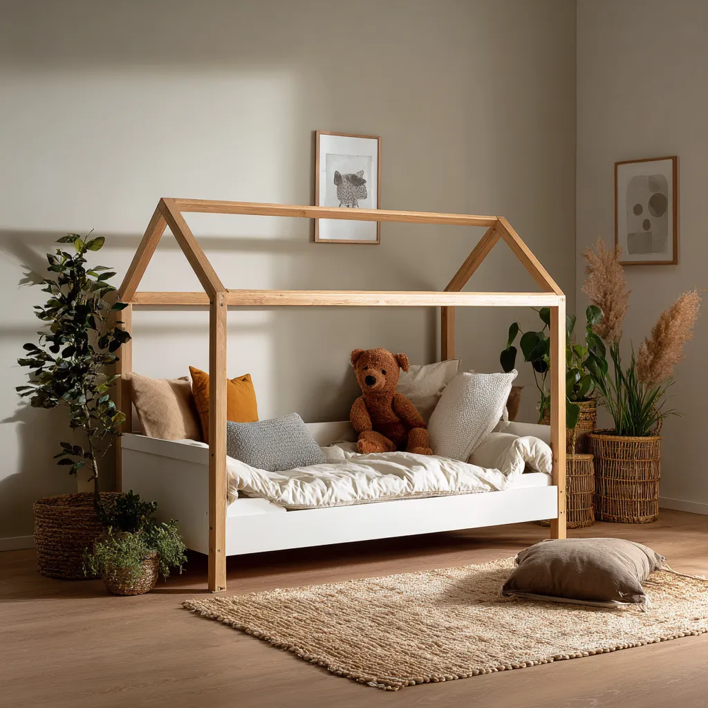 Lit enfant bois 160x80x165 cm - bois naturel-blanc - lit cabane ouvert - style nordique pour chambre d enfant-Interiorilo