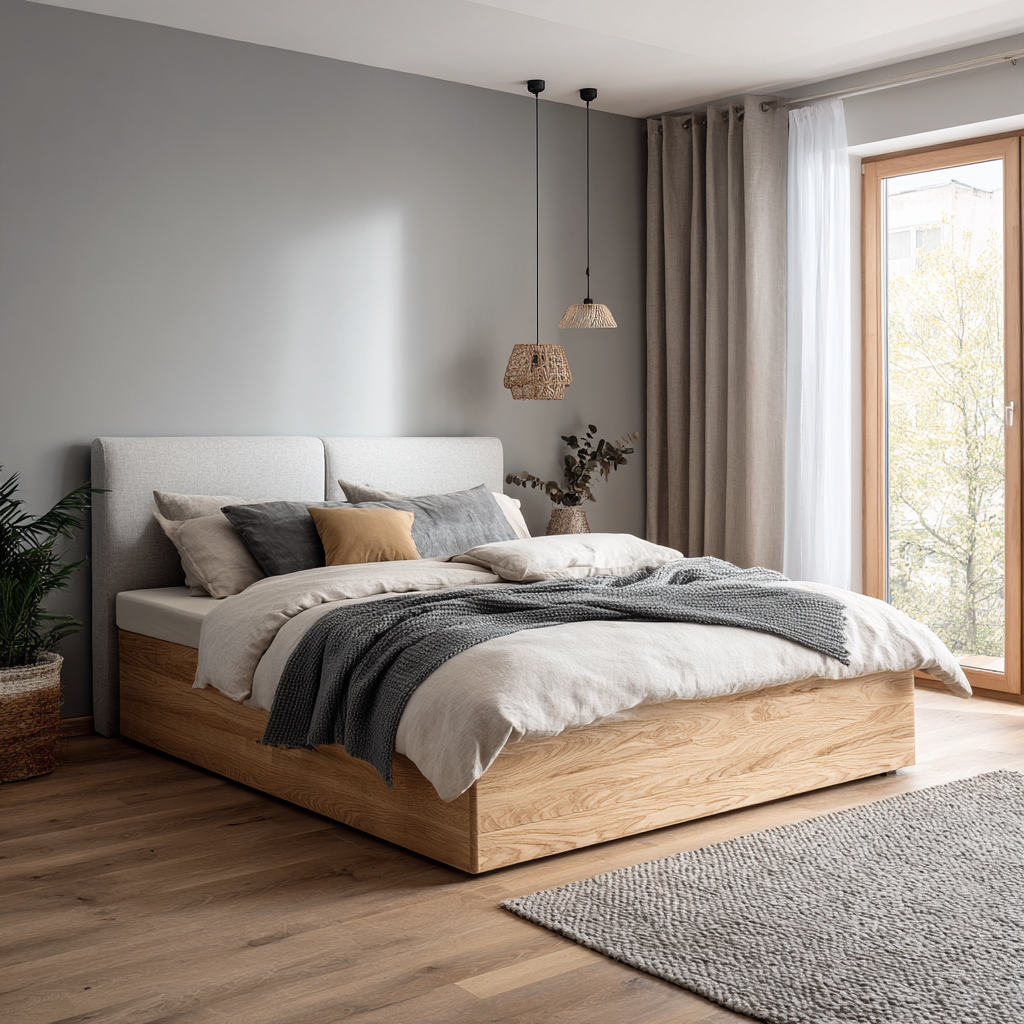 Lit double - tissu - bois - 210x165x115 cm - gris clair-bois naturel - style moderne minimaliste-Interiorilo