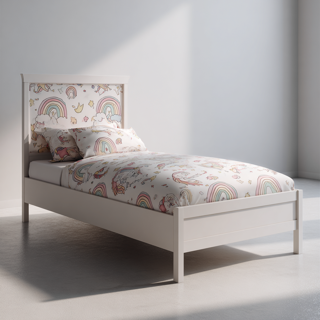 Lit enfant bois 160x90x110 cm - blanc-multicolore - tête de lit décor arc-en-ciel - style doux pour chambre d enfant-Interiorilo