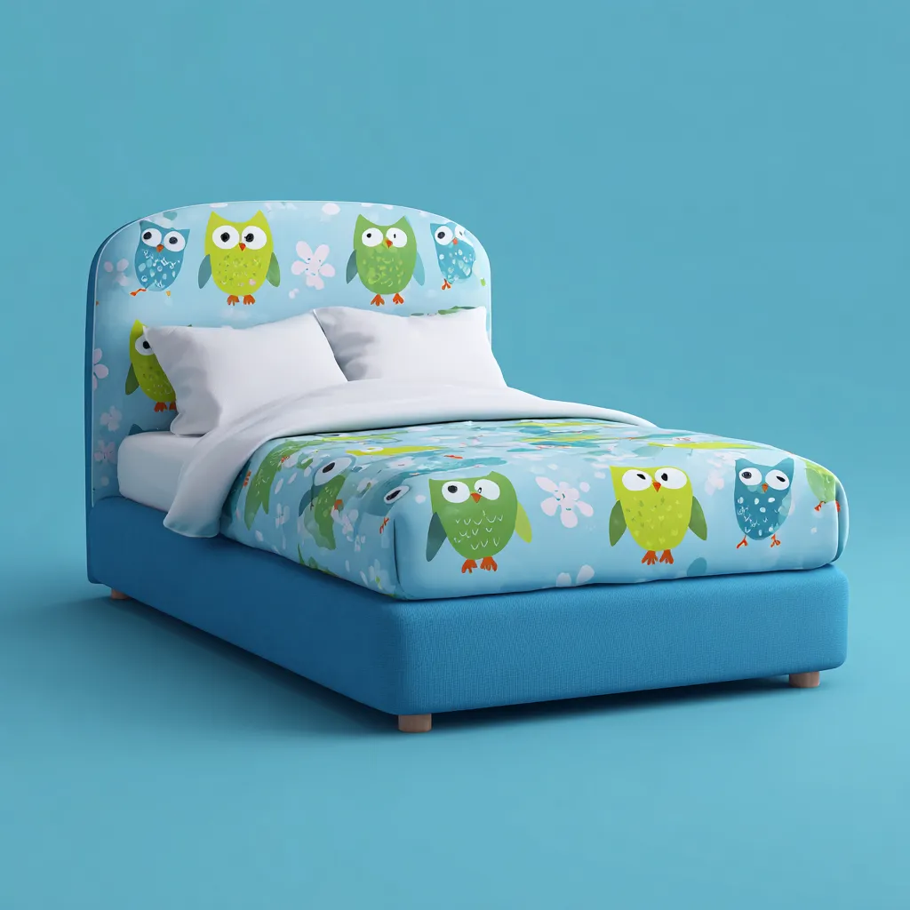 Lit enfant tissu 160x120x110 cm - bleu-multicolore - lit rembourré motifs hiboux - style ludique pour chambre d enfant-Interiorilo