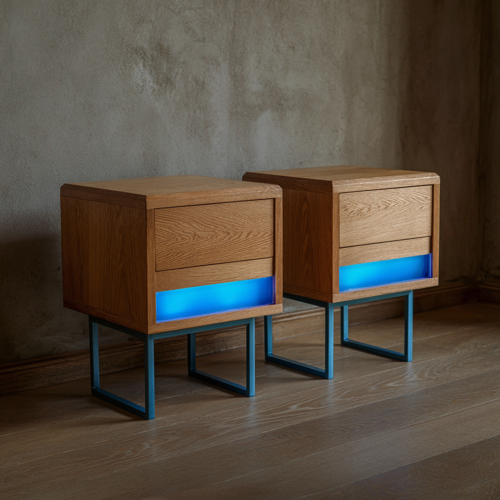 Table de chevet-bois-métal-46x34x55 cm-chêne-bleu-style moderne-Interiorilo