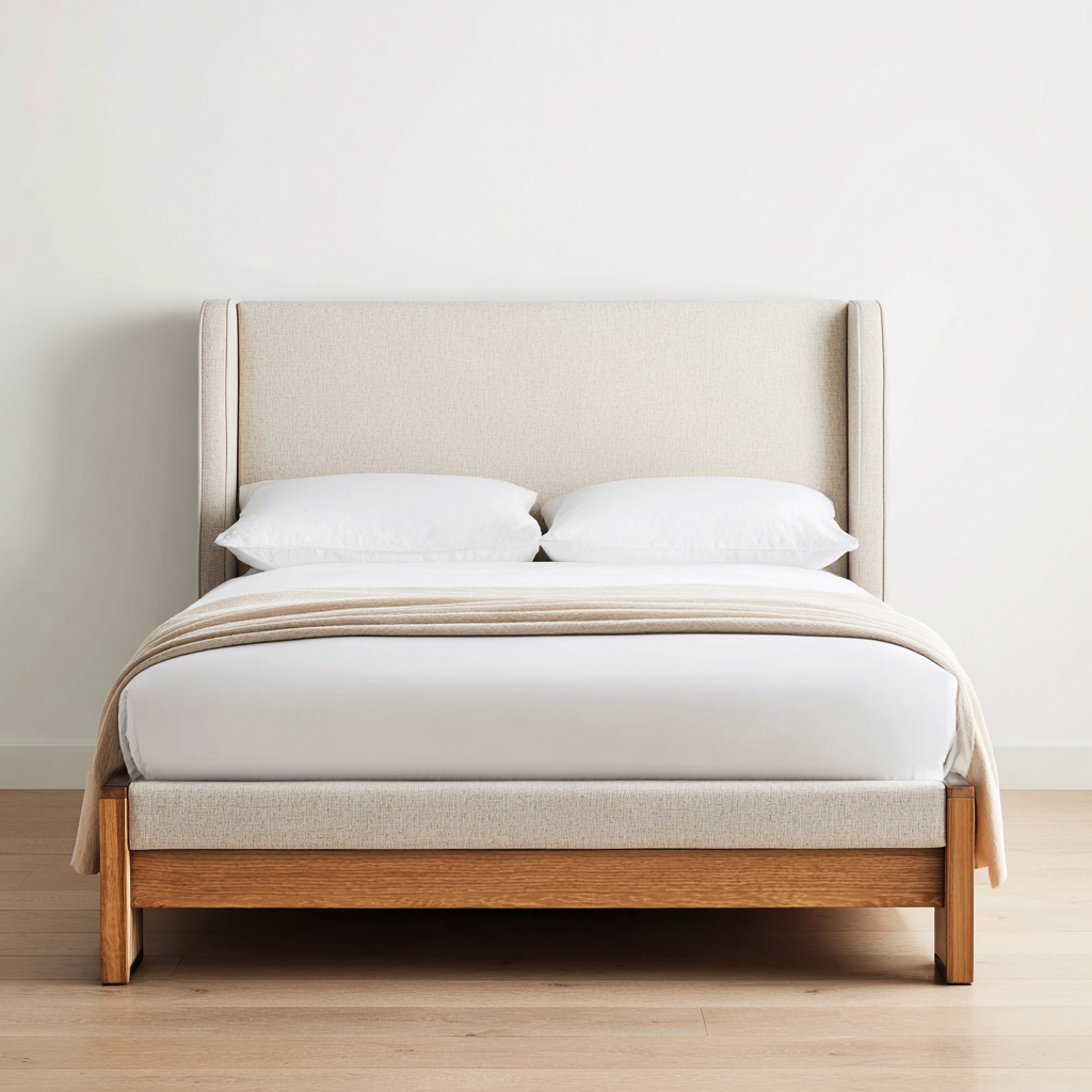 Lit double - bois-tissu - 200x160x115 cm - chêne-beige - design contemporain-Interiorilo