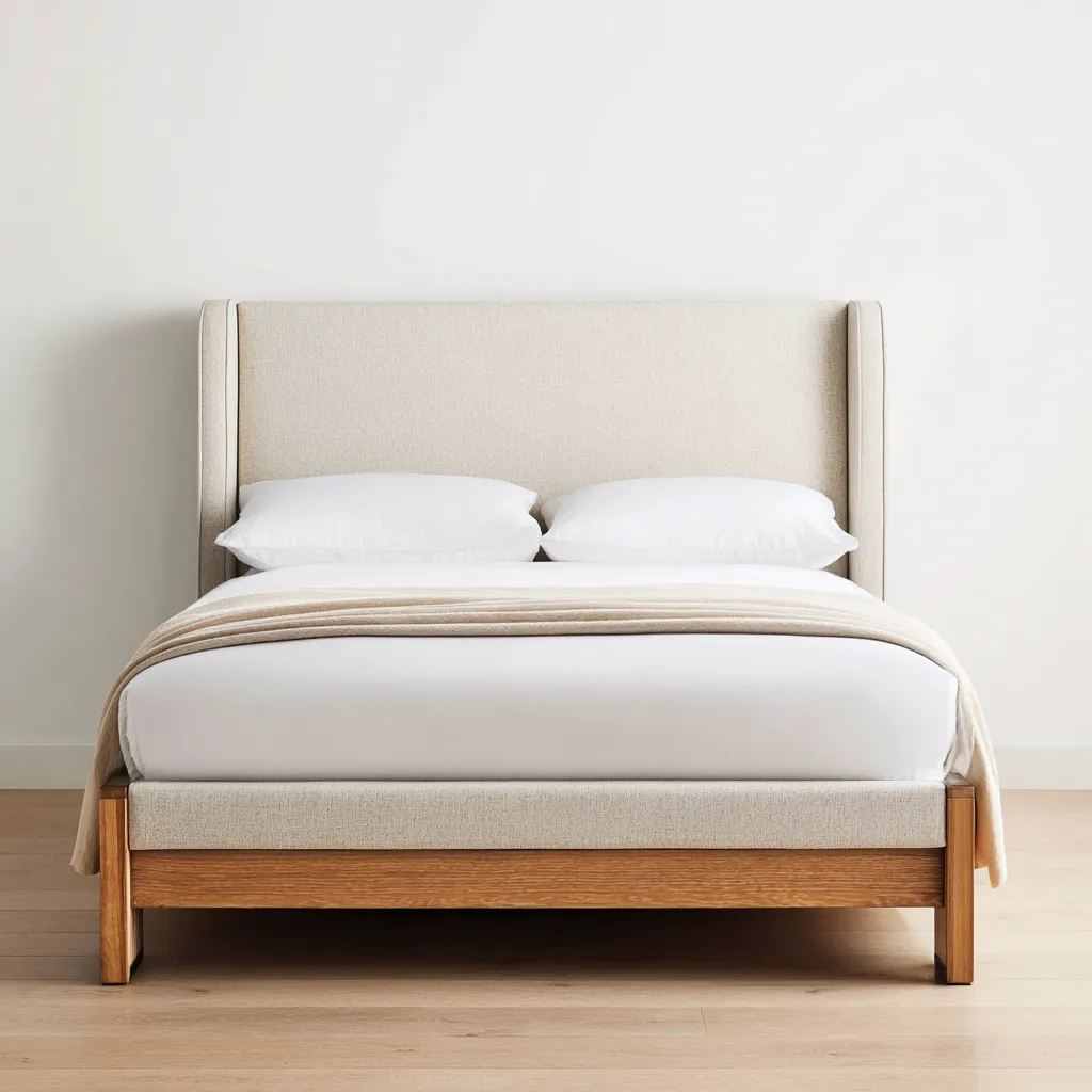 Lit double - bois-tissu - 200x160x115 cm - chêne-beige - design contemporain-Interiorilo