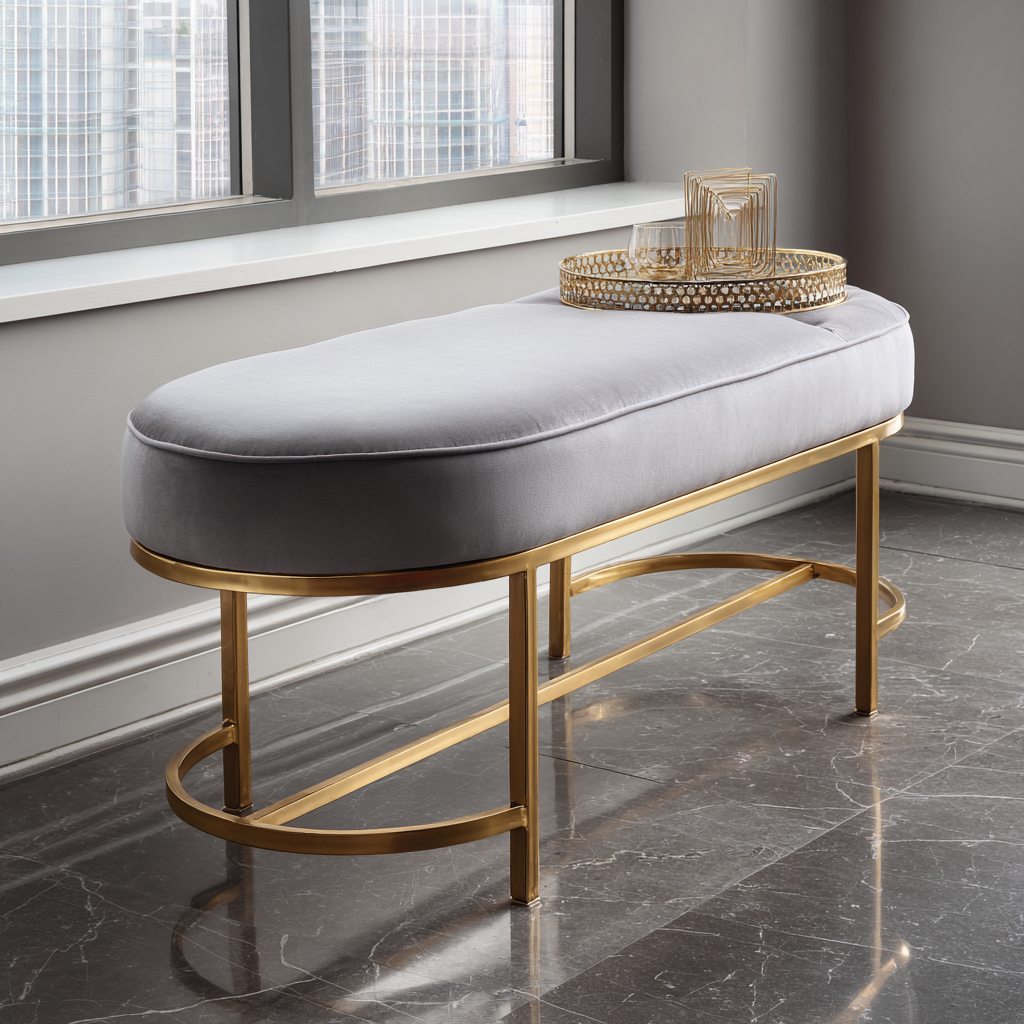 Banc de lit-métal-velours-134x46x48 cm-gris-style moderne-Interiorilo