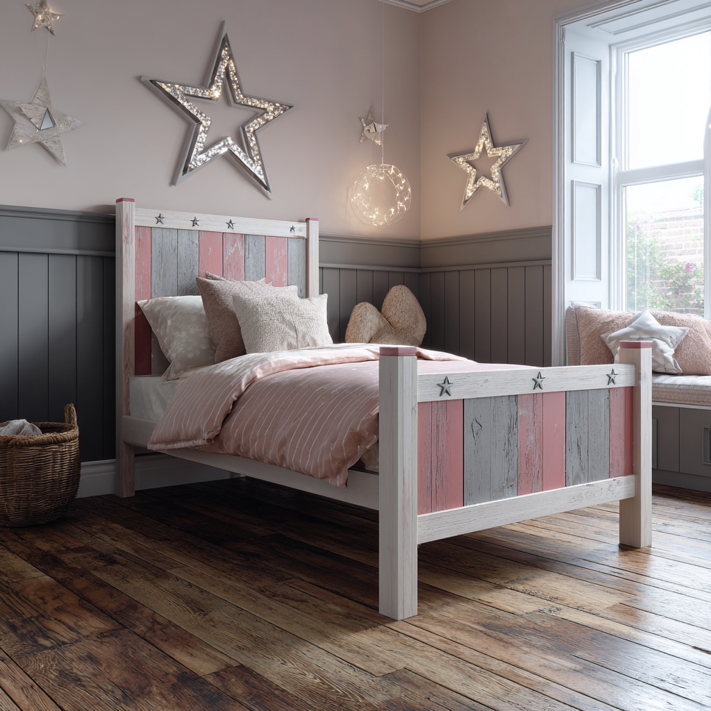 Lit enfant bois 160x90x110 cm - blanc-rose-gris - lit décor panneaux bicolores avec étoiles - style rustique moderne pour chambre d enfant-Interiorilo
