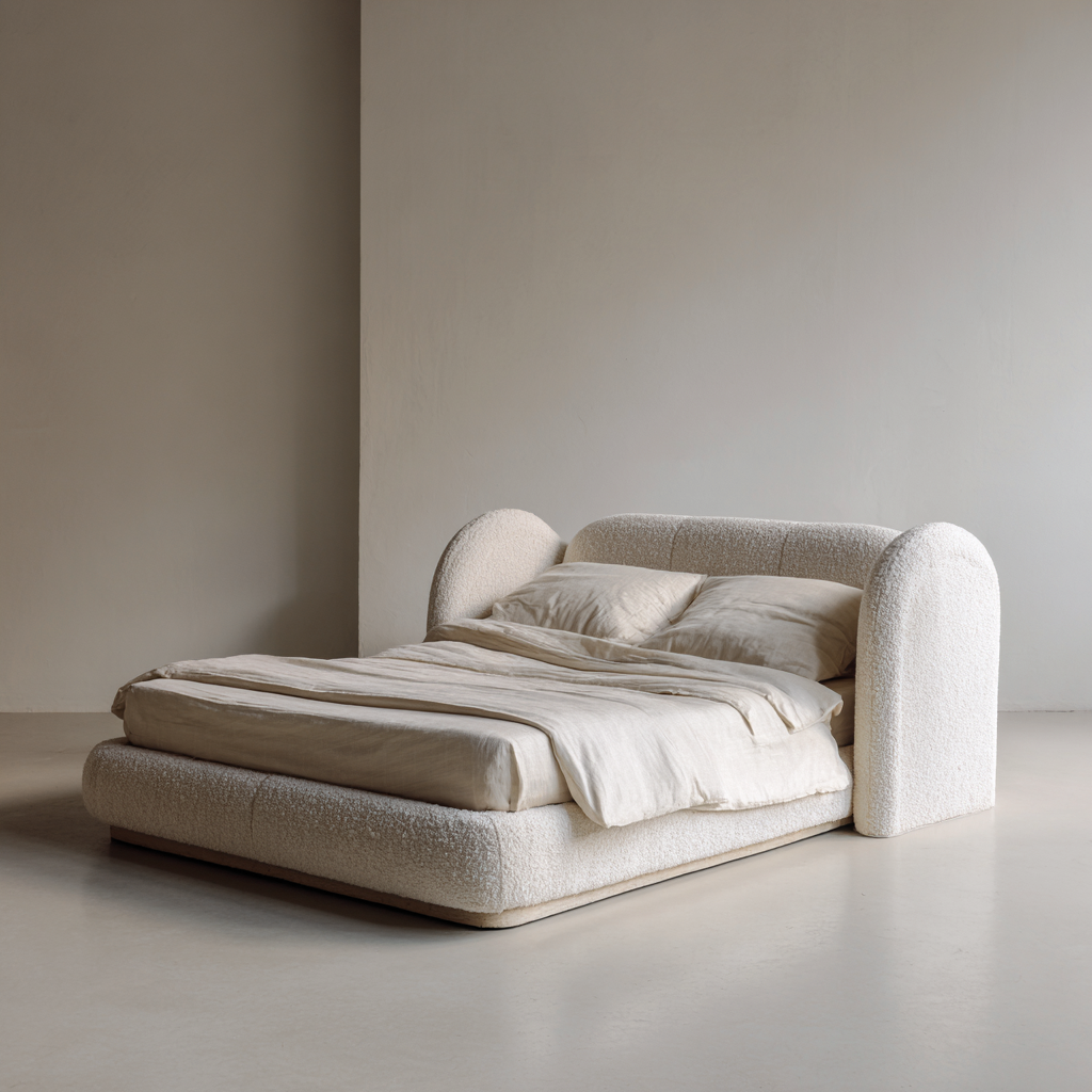 Lit double - tissu - 220x185x105 cm - couleur beige naturel - style moderne organique-Interiorilo