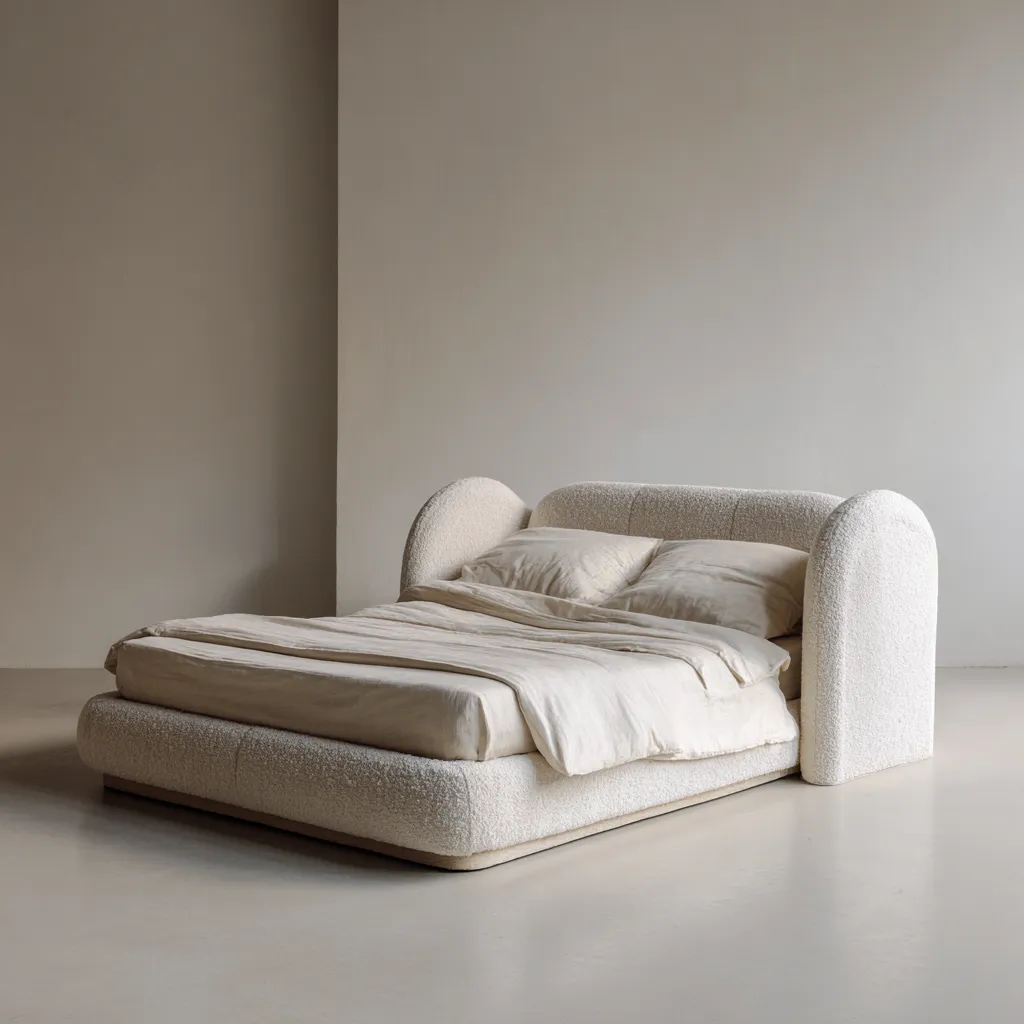 Lit double - tissu - 220x185x105 cm - couleur beige naturel - style moderne organique-Interiorilo