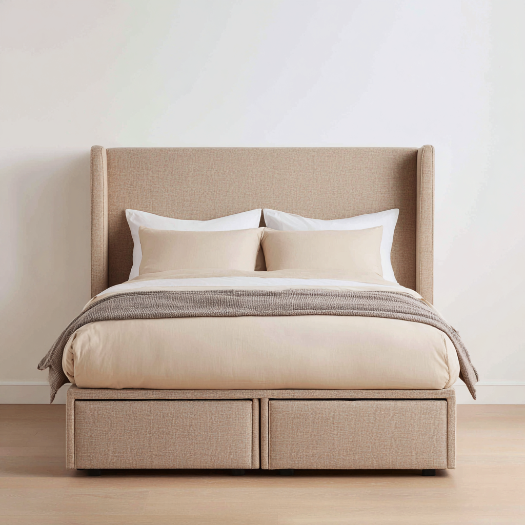 Lit double - tissu - 205x160x125 cm - couleur beige naturel - style moderne minimaliste-Interiorilo