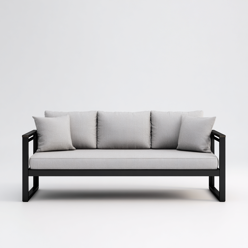 Canapé trois places en tissu gris clair et structure en métal noir 190x85x80 cm - style minimaliste pour salon - couleur noir/gris clair-Comfysta