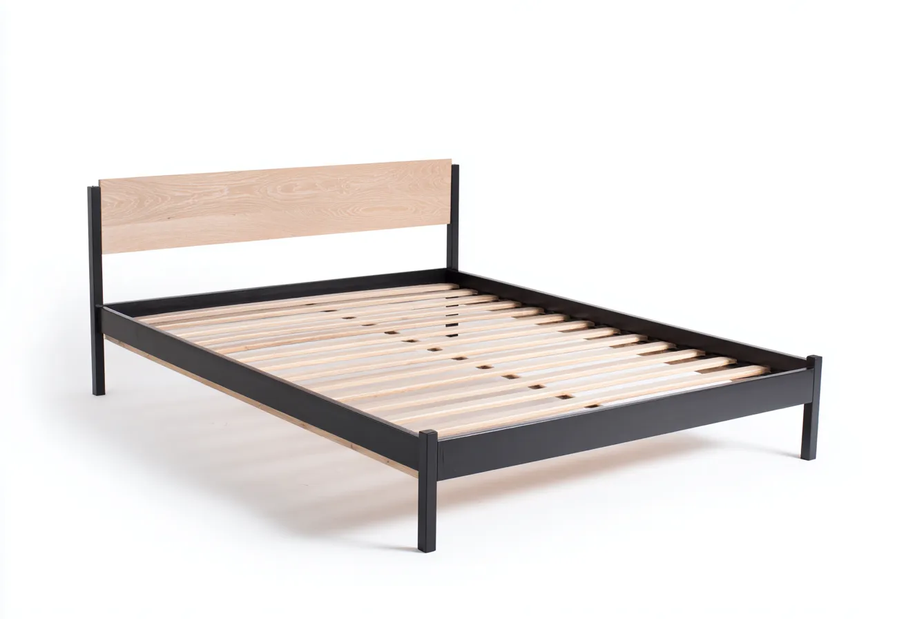 Lit double en métal noir et chêne clair 200x170x100 cm - style industriel - cadre en acier noir avec tête de lit en chêne clair-Comfysta