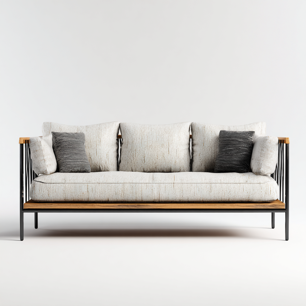 Canapé trois places en tissu gris clair avec structure en métal noir et base en bois naturel 190x85x80 cm - style minimaliste pour salon - couleur gris clair/noir/bois naturel-Comfysta