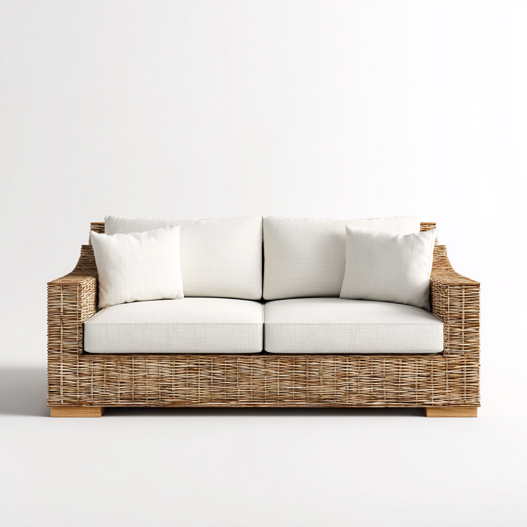 Canapé deux places en rotin tressé brun et coussins en tissu blanc 160x90x85 cm - style naturel pour salon-Comfysta