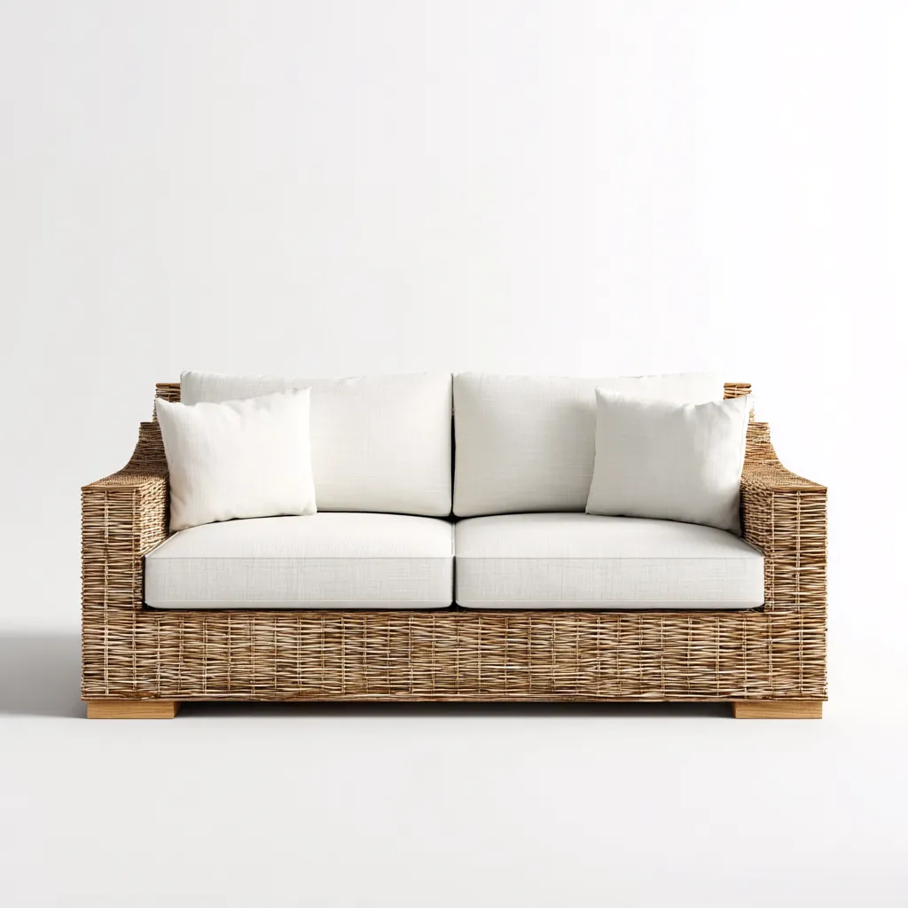 Canapé deux places en rotin tressé brun et coussins en tissu blanc 160x90x85 cm - style naturel pour salon-Comfysta