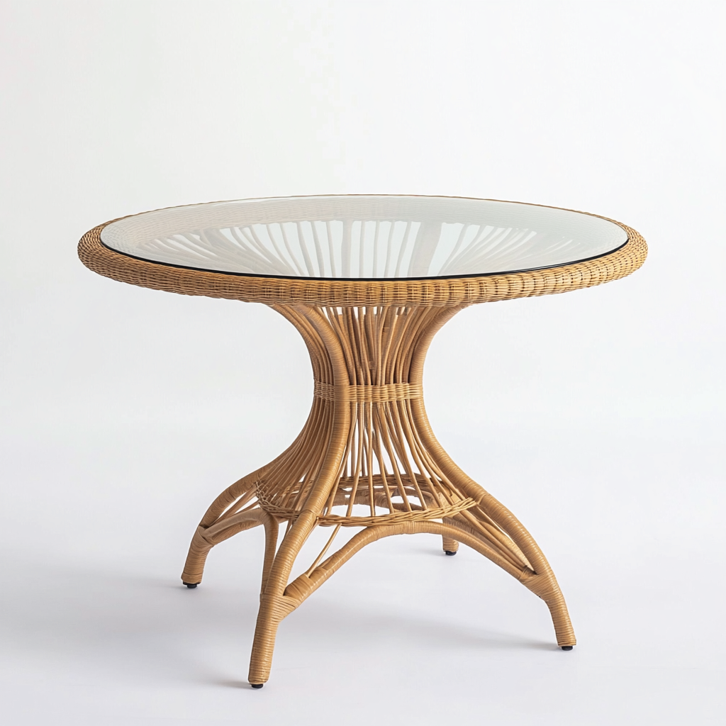 Table à manger ronde en rotin tressé et plateau en verre transparent 110x110x75 cm - naturel - style bohème-Comfysta