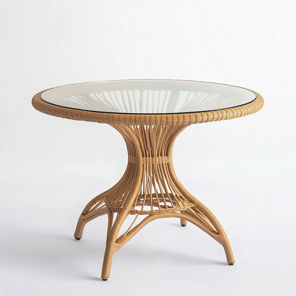 Table à manger ronde en rotin tressé et plateau en verre transparent 110x110x75 cm - naturel - style bohème-Comfysta