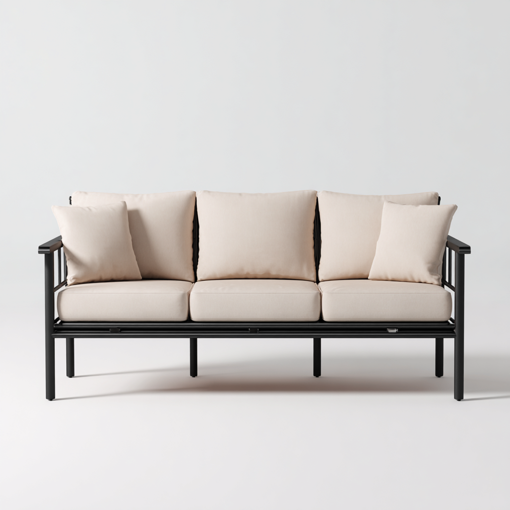 Canapé trois places en métal noir et tissu beige 190x75x80 cm - style moderne - pour salon contemporain-Comfysta