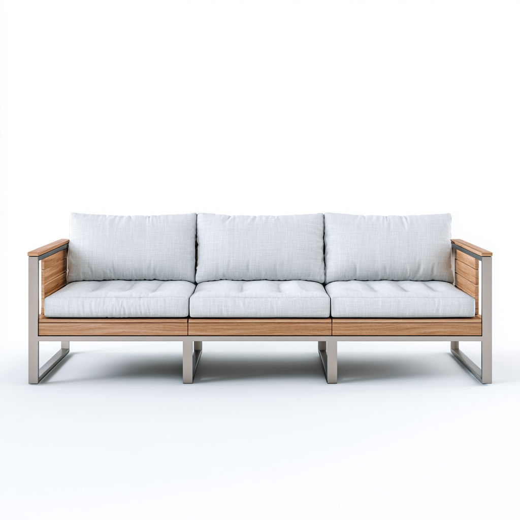 Canapé trois places en tissu bleu clair et structure en métal gris avec détails en bois naturel 190x85x85 cm - style moderne minimaliste pour salon-Comfysta