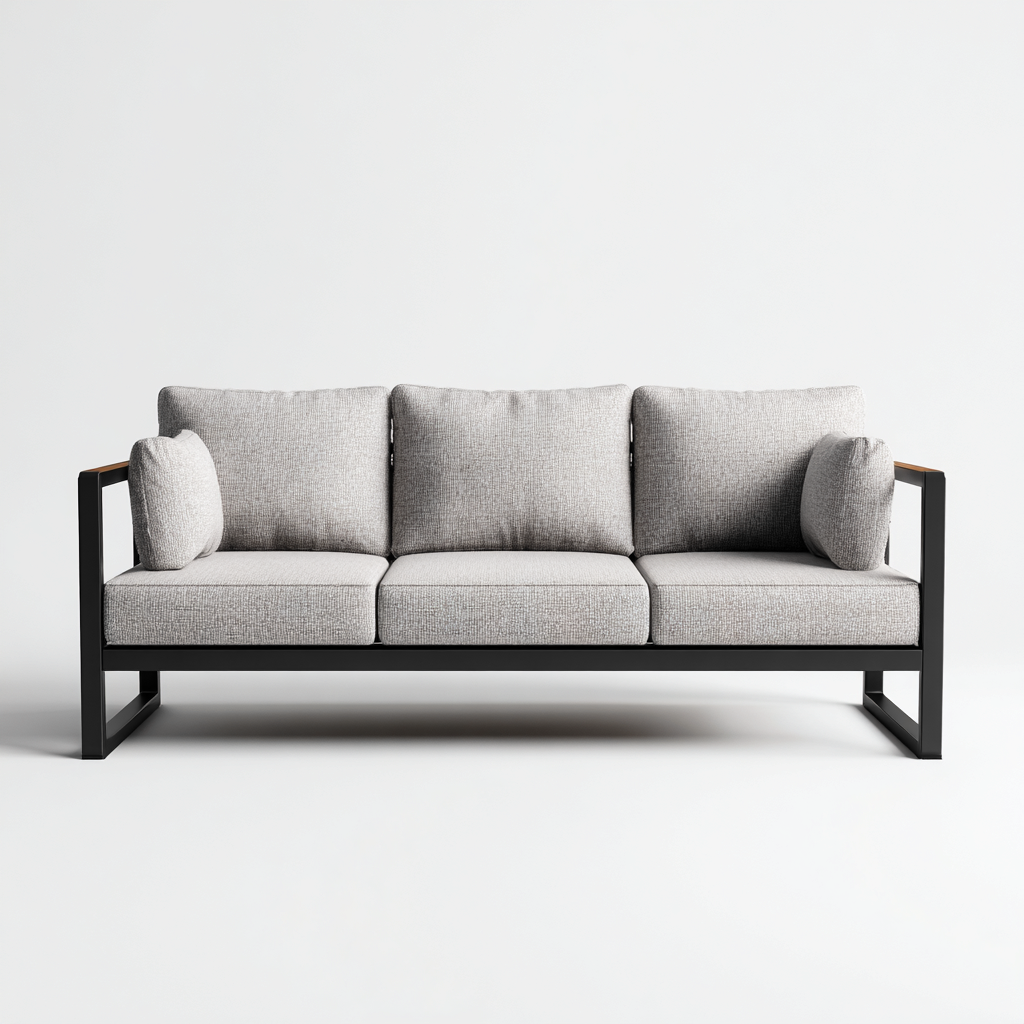 Canapé trois places en tissu gris clair et structure en métal noir avec accoudoirs effet bois 190x85x80 cm - style minimaliste pour salon - couleur noir/gris clair/bois-Comfysta