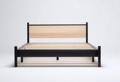 Lit double en métal et bois 200x170x100 cm - noir/chêne clair - style industriel moderne-Comfysta