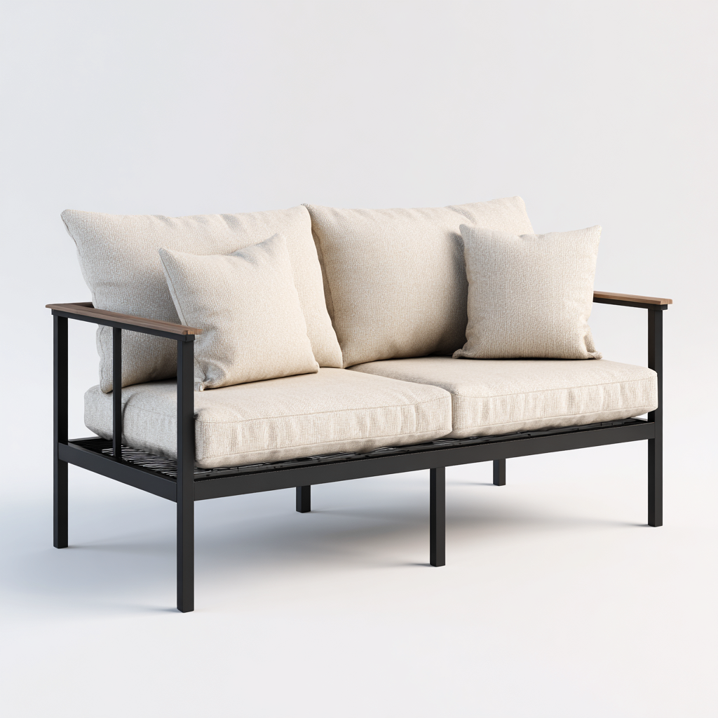 Canapé deux places en tissu beige et cadre métallique noir 155x82x85 cm - style moderne minimaliste pour salon-Comfysta