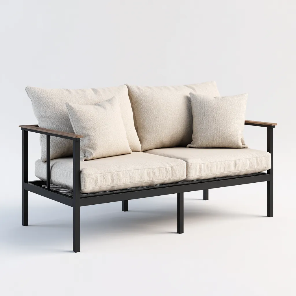 Canapé deux places en tissu beige et cadre métallique noir 155x82x85 cm - style moderne minimaliste pour salon-Comfysta