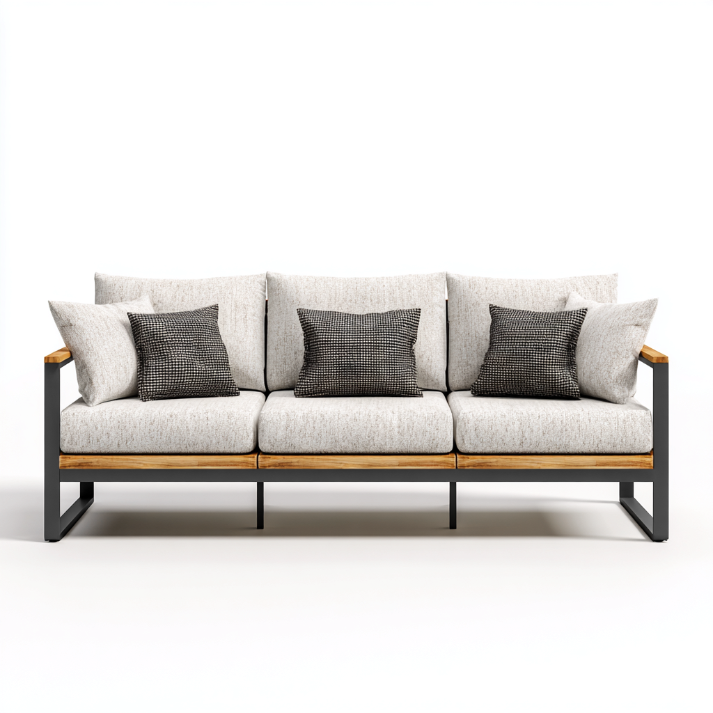 Canapé trois places en aluminium, bois et tissu 190x80x75 cm - gris clair/noir/bois naturel - style minimaliste pour salon-Comfysta