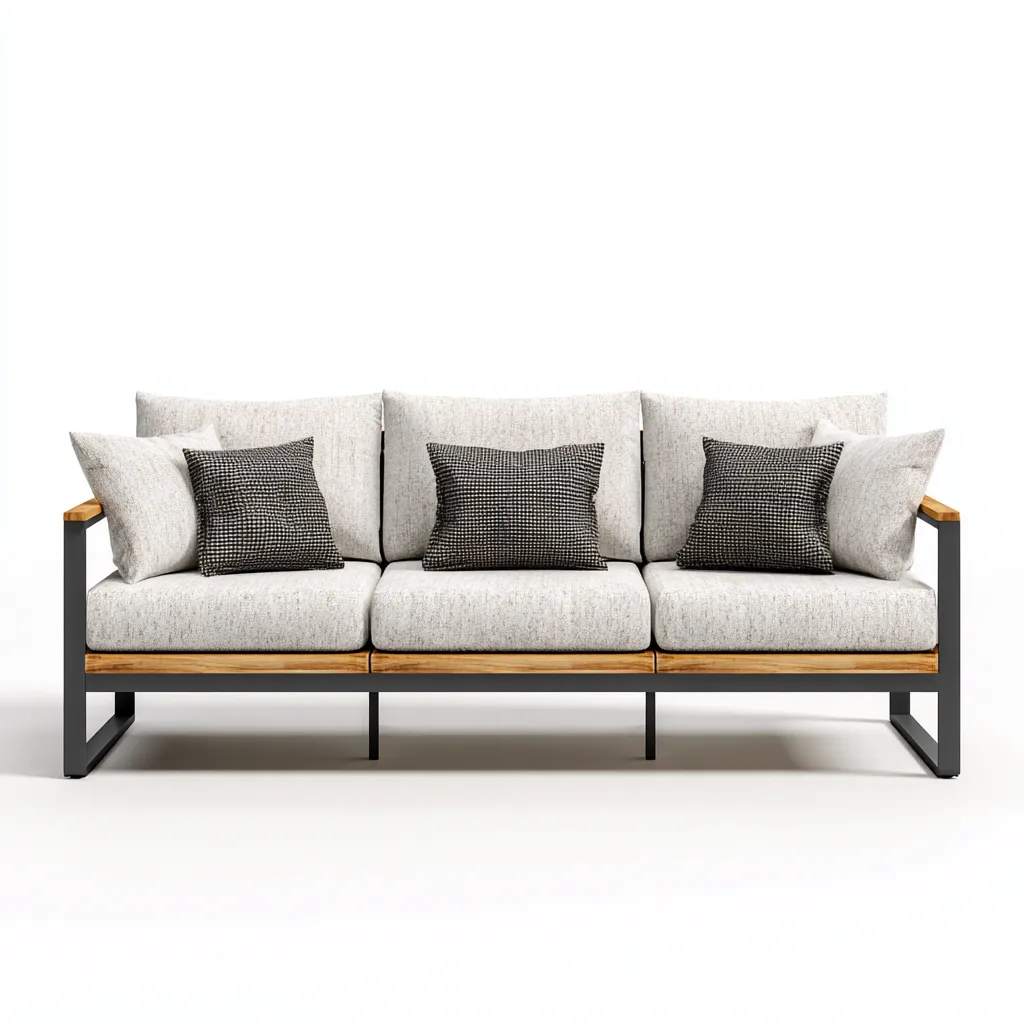 Canapé trois places en aluminium, bois et tissu 190x80x75 cm - gris clair/noir/bois naturel - style minimaliste pour salon-Comfysta