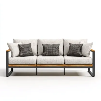 Canapé trois places en aluminium, bois et tissu 190x80x75 cm - gris clair/noir/bois naturel - style minimaliste pour salon-Comfysta