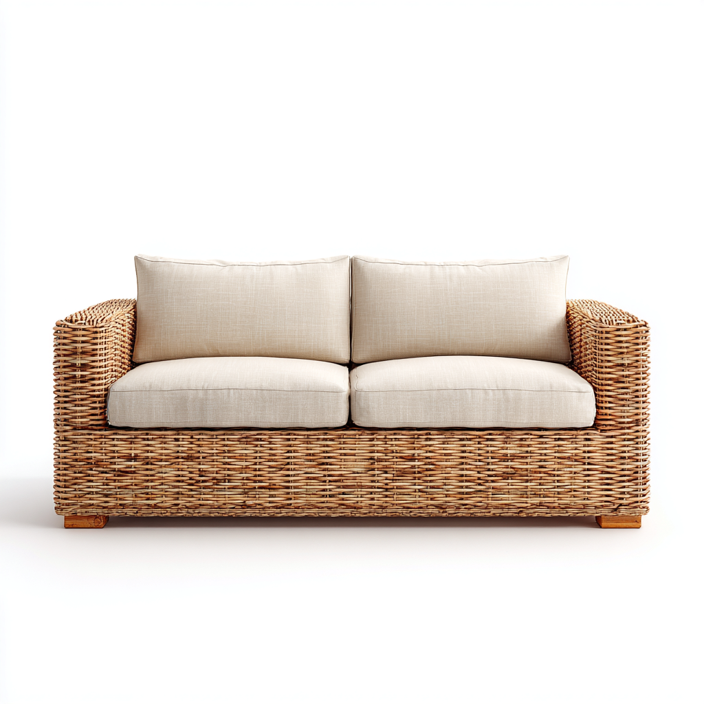 Canapé deux places en rotin tressé et tissu 160x85x78 cm - beige/marron clair - style bohème pour salon-Comfysta