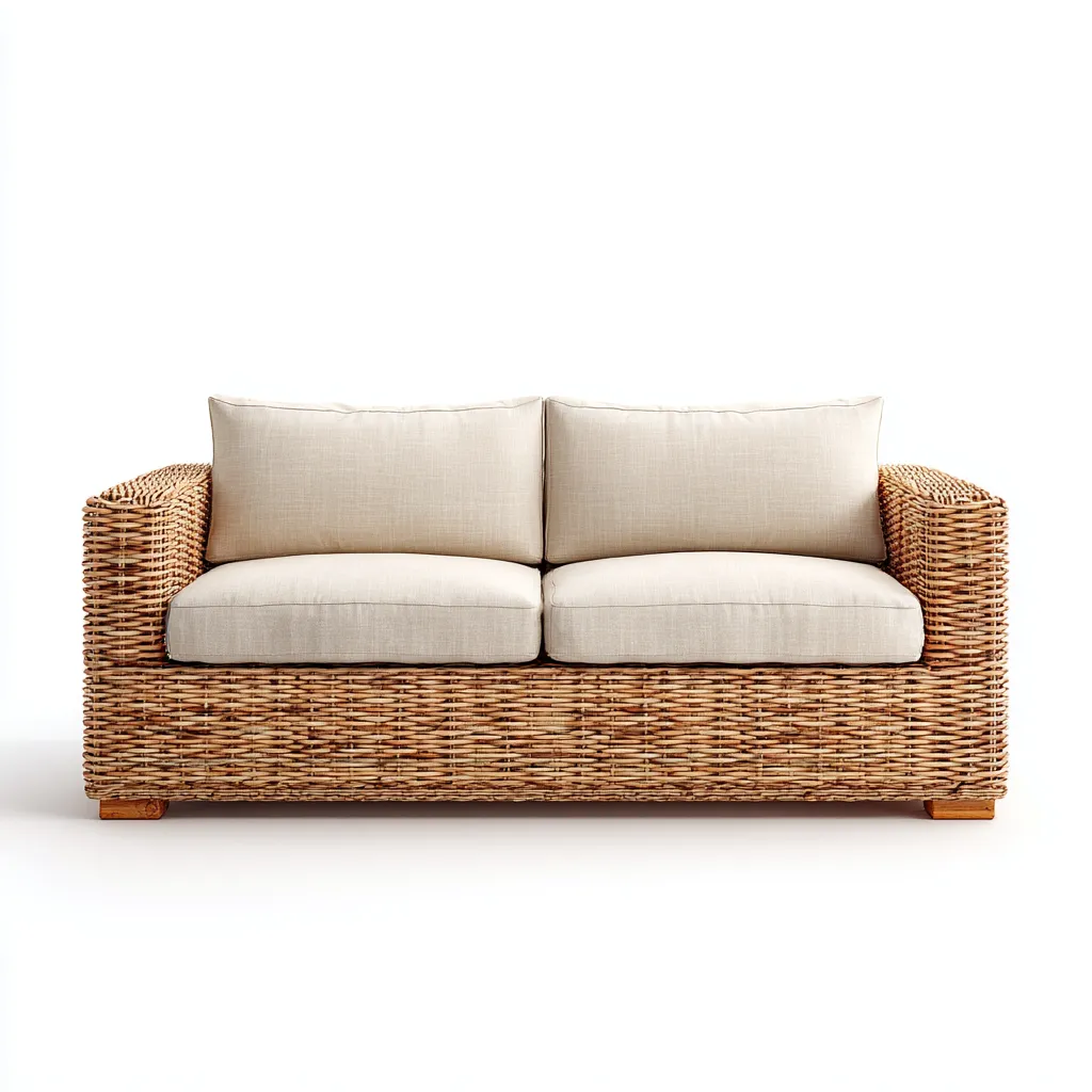 Canapé deux places en rotin tressé et tissu 160x85x78 cm - beige/marron clair - style bohème pour salon-Comfysta