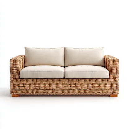 Canapé deux places en rotin tressé et tissu 160x85x78 cm - beige/marron clair - style bohème pour salon-Comfysta