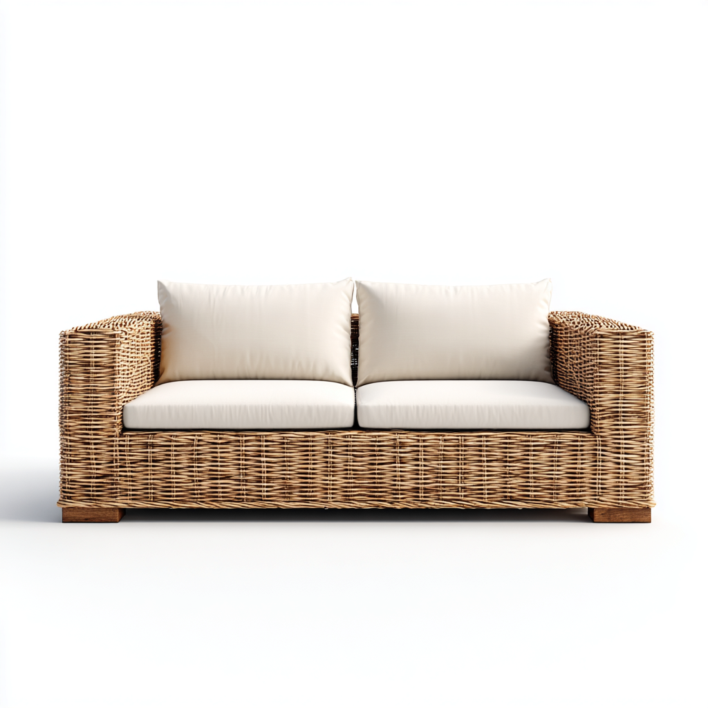 Canapé deux places en rotin marron et tissu beige clair 160x75x80 cm - style moderne - pour salon contemporain-Comfysta