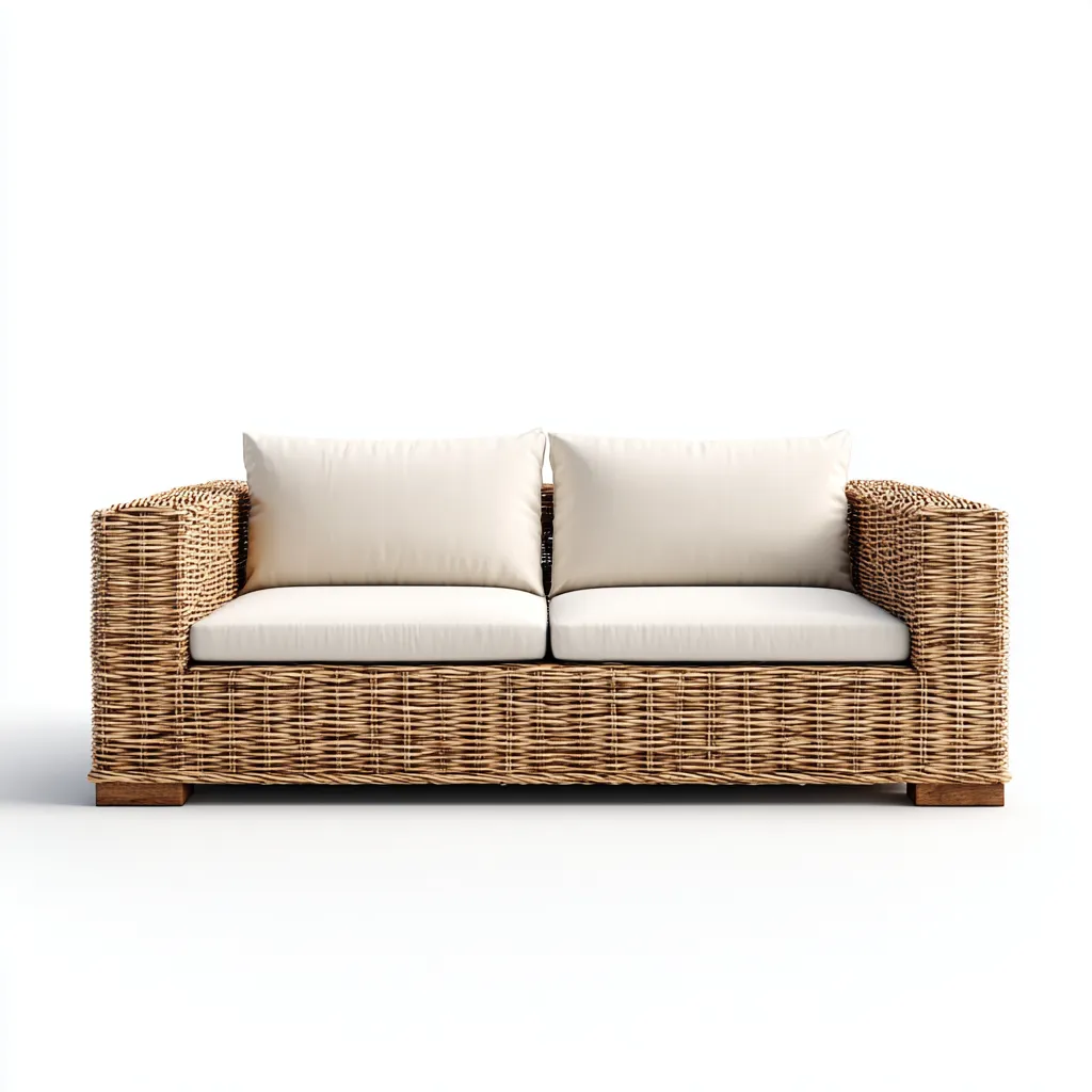 Canapé deux places en rotin marron et tissu beige clair 160x75x80 cm - style moderne - pour salon contemporain-Comfysta