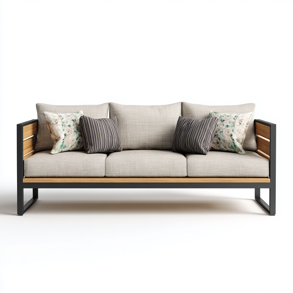 Canapé trois places en aluminium noir et bois naturel avec tissu beige 190x75x80 cm - style moderne - pour salon contemporain-Comfysta