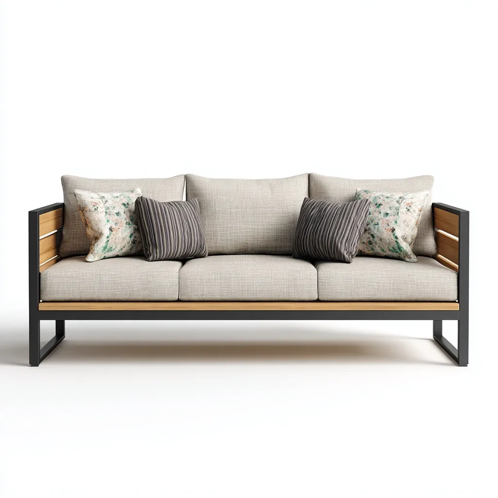 Canapé trois places en aluminium noir et bois naturel avec tissu beige 190x75x80 cm - style moderne - pour salon contemporain-Comfysta