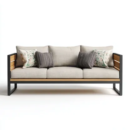 Canapé trois places en aluminium noir et bois naturel avec tissu beige 190x75x80 cm - style moderne - pour salon contemporain-Comfysta