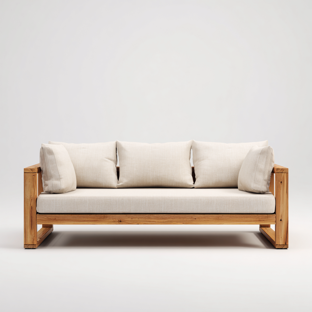 Canapé trois places en tissu beige et structure en bois naturel 190x85x80 cm - style minimaliste pour salon - couleur bois naturel/beige-Comfysta