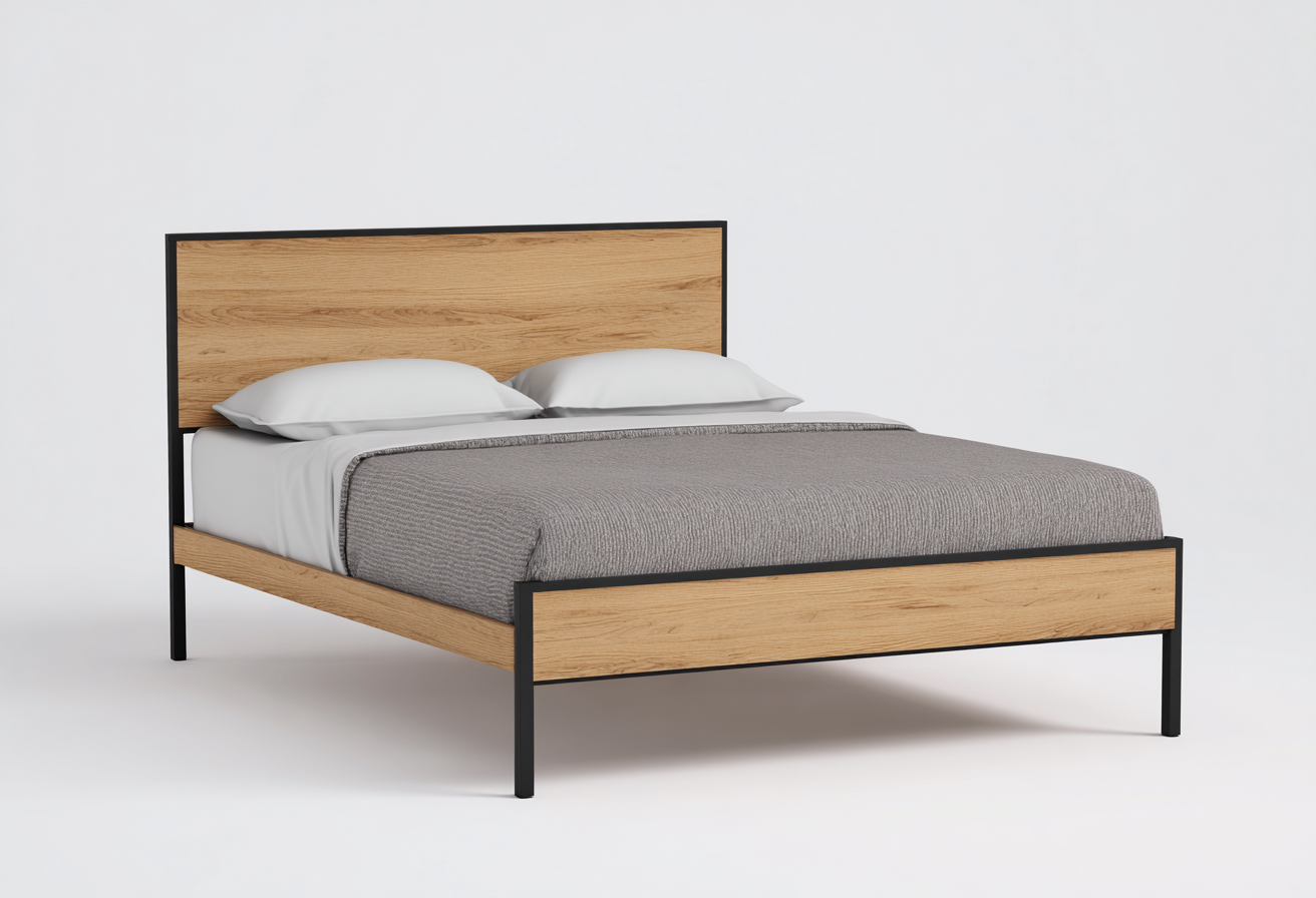 Lit double en bois et métal 200x170x105 cm - chêne clair/noir - style industriel moderne-Comfysta