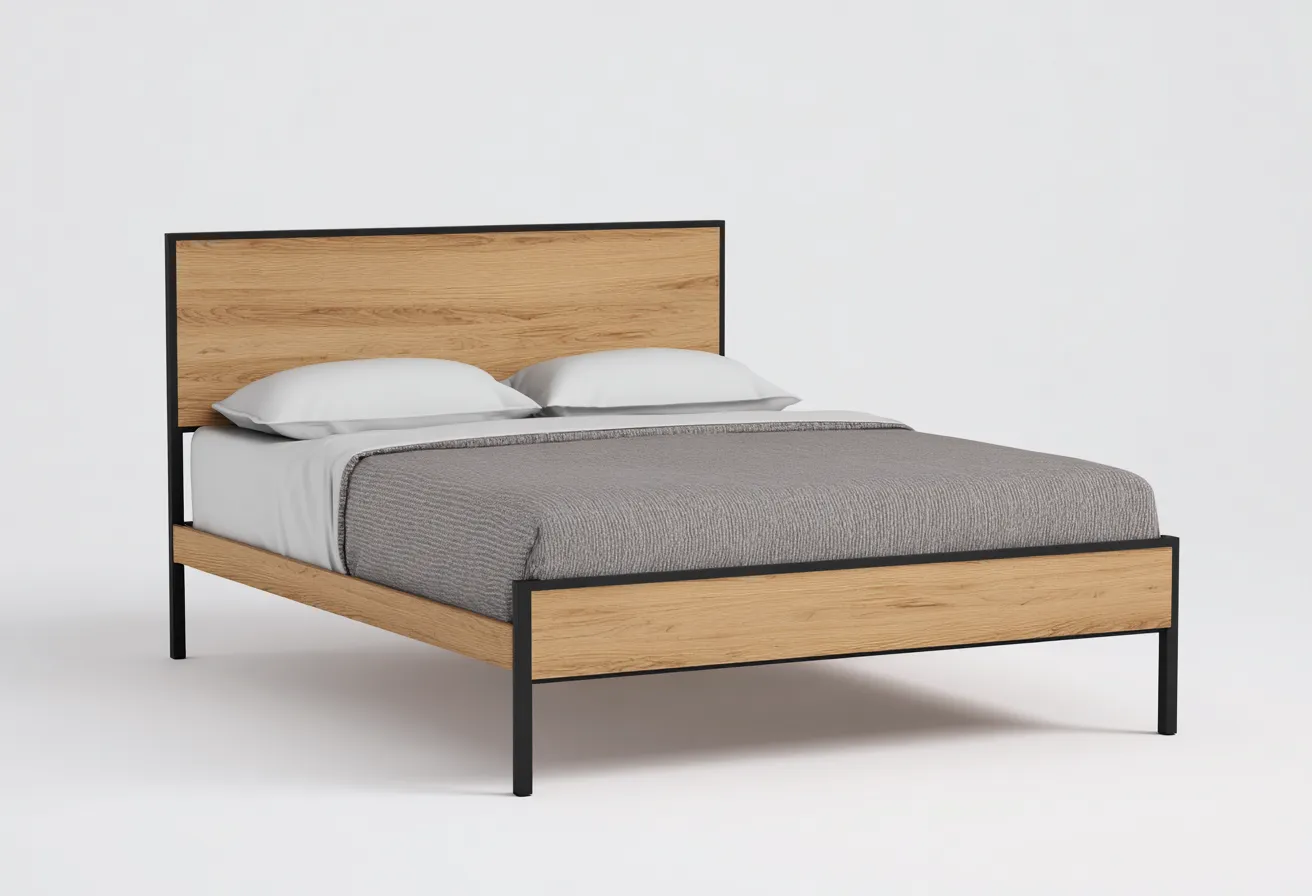 Lit double en bois et métal 200x170x105 cm - chêne clair/noir - style industriel moderne-Comfysta