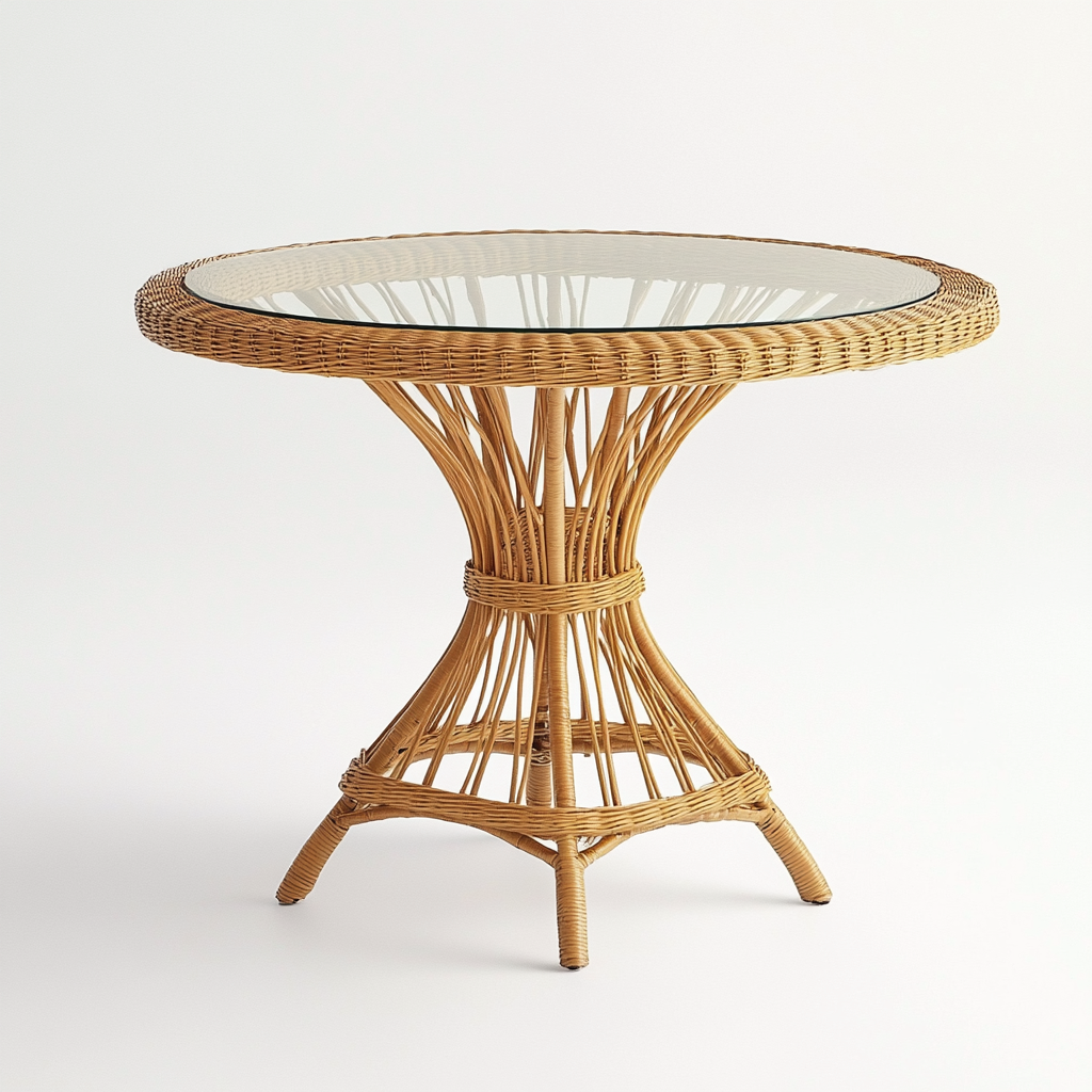 Table à manger ronde en rotin avec plateau en verre 90x90x75 cm - brun clair - style bohème naturel-Comfysta