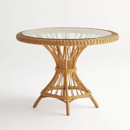 Table à manger ronde en rotin avec plateau en verre 90x90x75 cm - brun clair - style bohème naturel-Comfysta